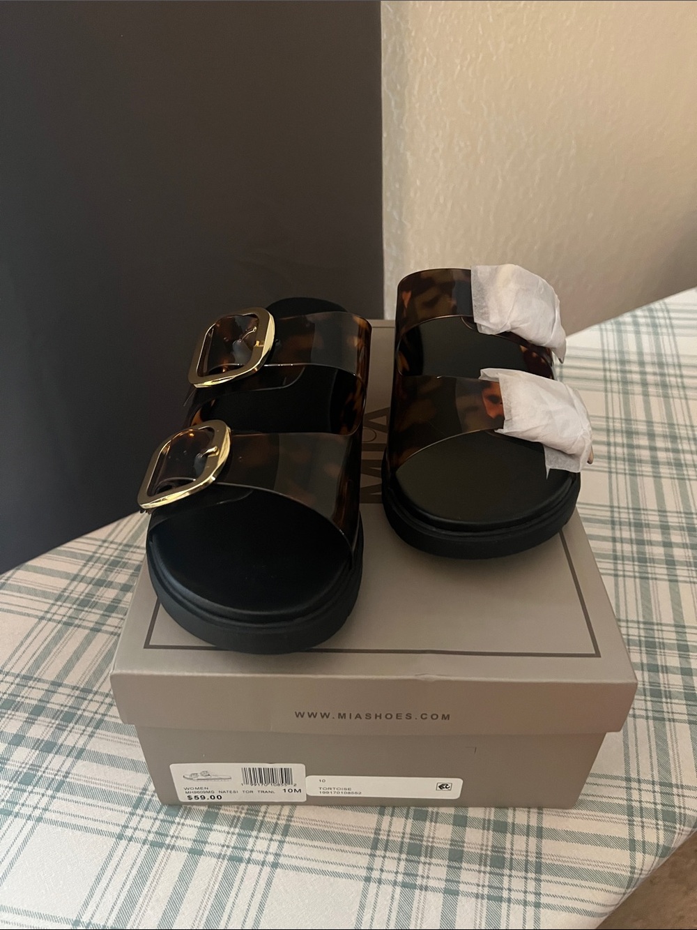 MIA Tortoiseshell Double Buckle Slides with Gold Buckles